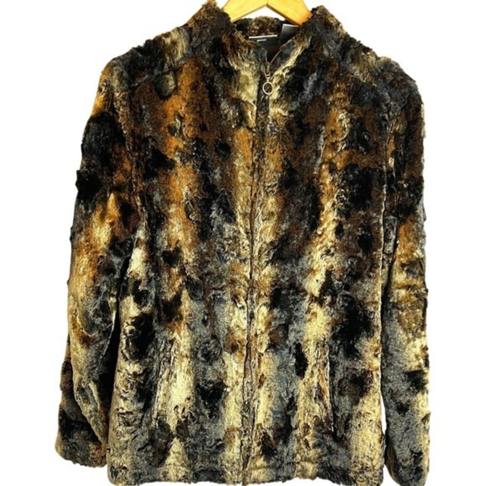 Chico's Faux Fur Fully Lined Multicolor Brown Zip Up Jacket Size‎ 1 (Medium)